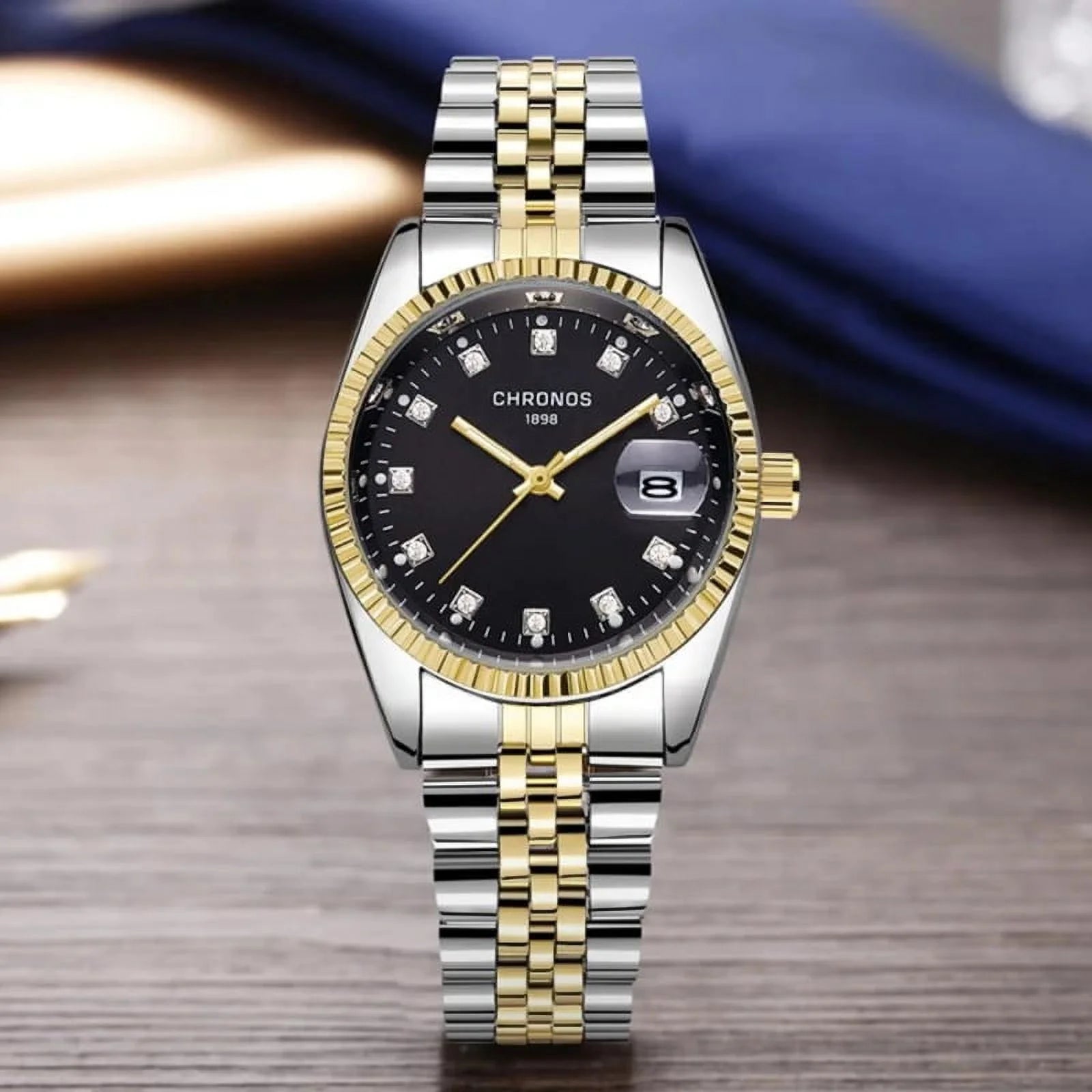 Men Luxury Rhinestone Watch Gold Waterproof Stainless Steel Bracelet Calendar Wrist Watch Male Two Tone Business Clock CH2903