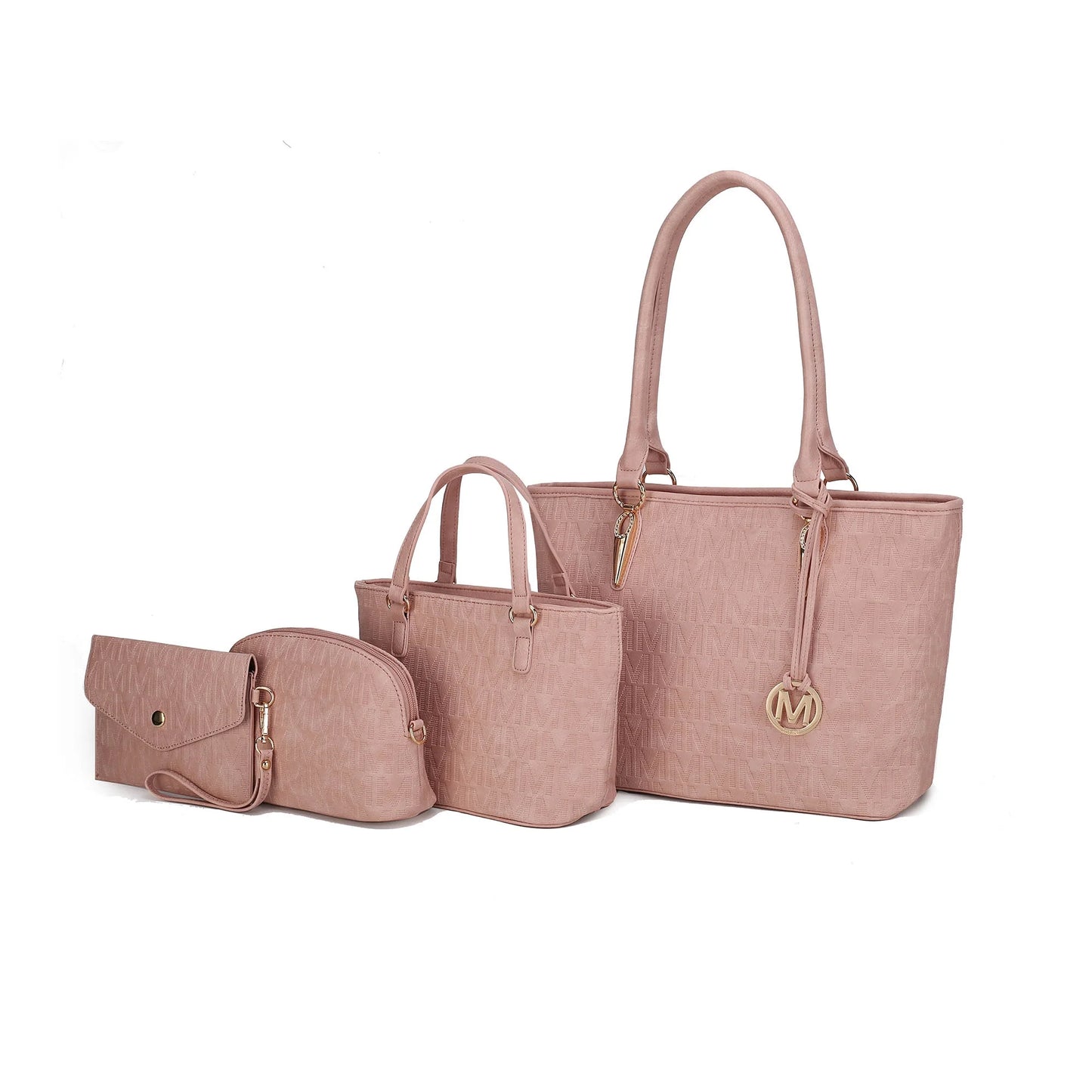 Vegan Leather Women'S Tote Bag, Small Tote Handbag, Pouch Purse & Wristlet Wallet Bag 4 Pcs Set by Mia K - Rose Pink