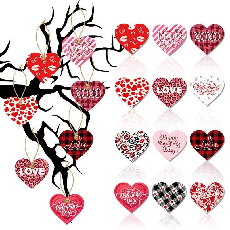 Valentines Heart Hangable Pendant 12X Heart Shaped Signs with Rope Hangable Pendants Decorative Ornaments for Home Wall