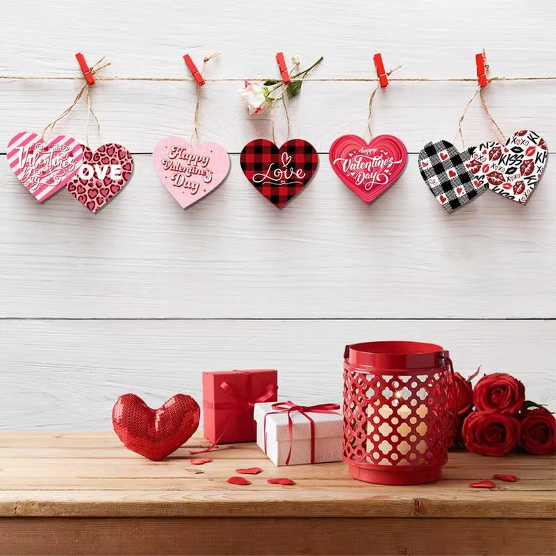 Valentines Heart Hangable Pendant 12X Heart Shaped Signs with Rope Hangable Pendants Decorative Ornaments for Home Wall