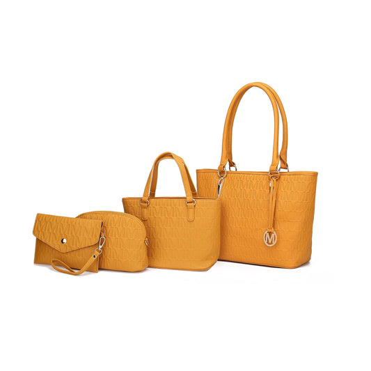 Vegan Leather Women'S Tote Bag, Small Tote Handbag, Pouch Purse & Wristlet Wallet Bag 4 Pcs Set by Mia K - Mustard