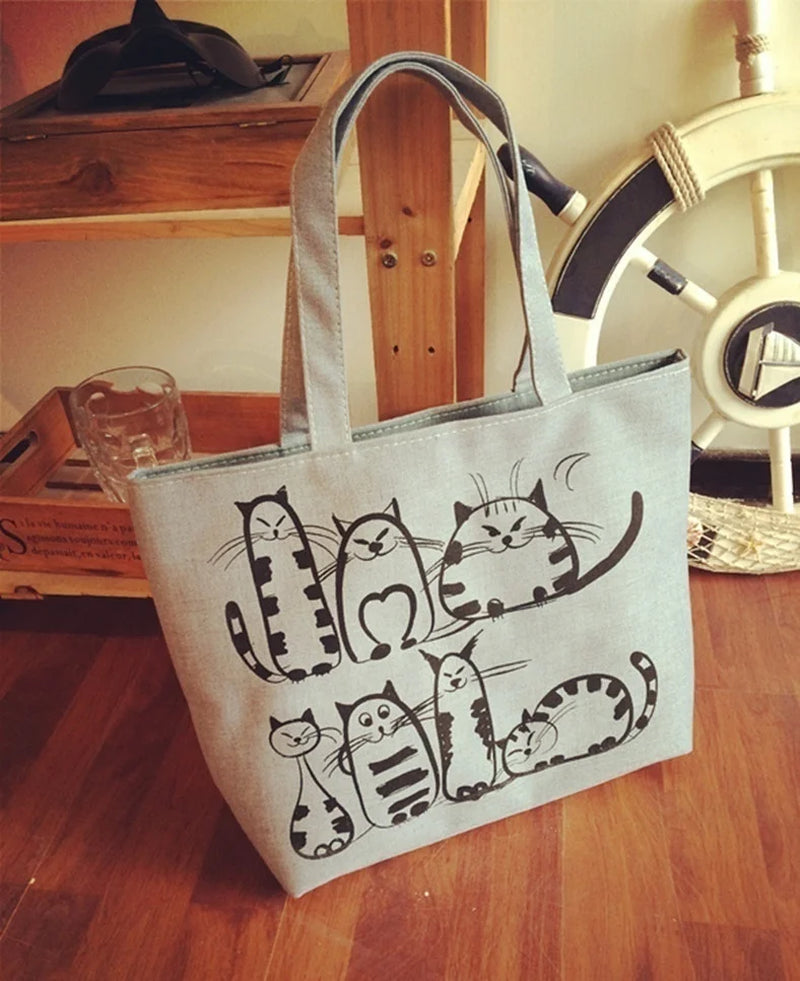 Cartoon Cats Printed Beach Zipper Bag Women Fashion Canvas Tote Shopping Handbags