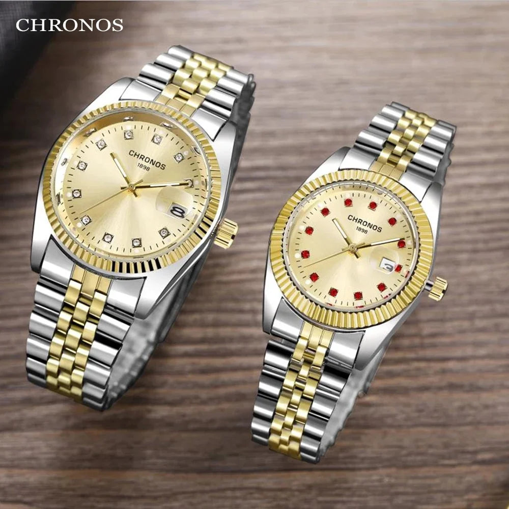 Men Luxury Rhinestone Watch Gold Waterproof Stainless Steel Bracelet Calendar Wrist Watch Male Two Tone Business Clock CH2903