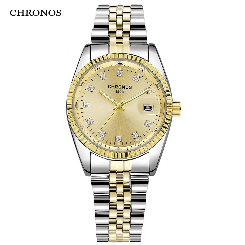 Men Luxury Rhinestone Watch Gold Waterproof Stainless Steel Bracelet Calendar Wrist Watch Male Two Tone Business Clock CH2903