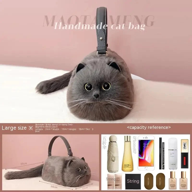 One Shoulder Bag Female Design Small Man Messenger Bag Versatile Hand Made Autumn and Winter Plush Cute Cat Bag